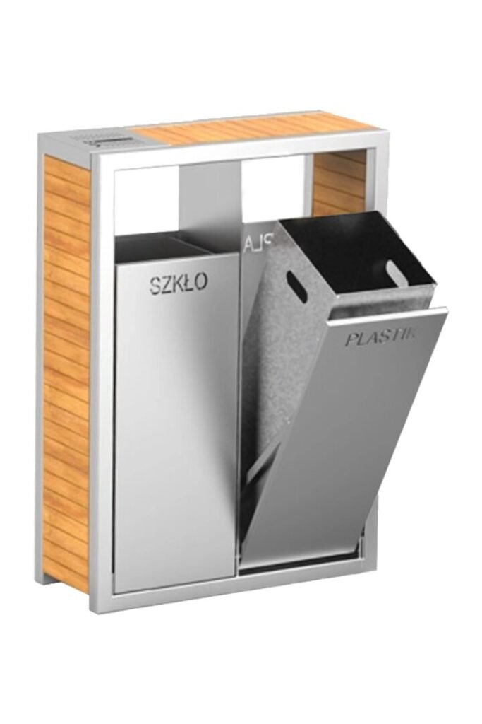 A WPC Dual Recycling Bin with a silver stainless steel frame and light brown composite slats.