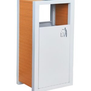 A WPC Single Litter Bin featuring a white galvanized steel frame and natural wood-grain composite slats.