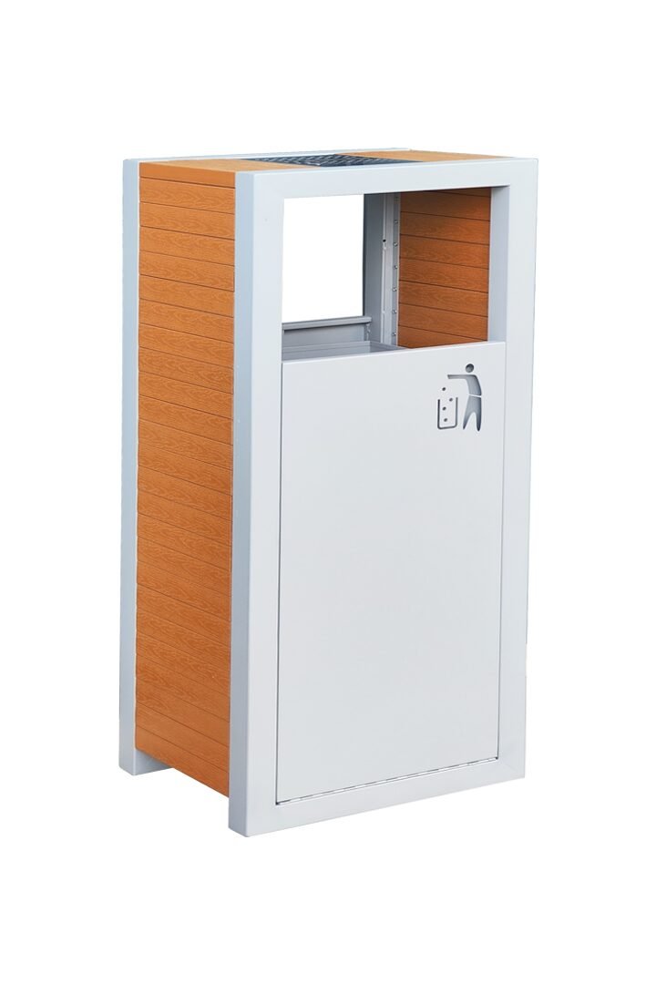 A WPC Single Litter Bin featuring a white galvanized steel frame and natural wood-grain composite slats.
