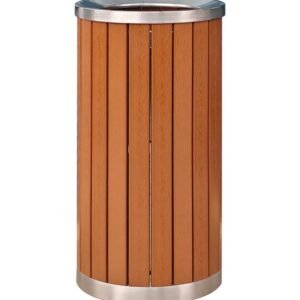 A cylindrical WPC Slatted Outdoor Litter Bin with brown composite slats and a polished metal rim.