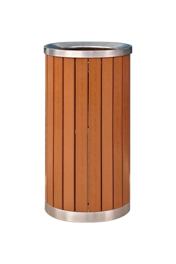 A cylindrical WPC Slatted Outdoor Litter Bin with brown composite slats and a polished metal rim.