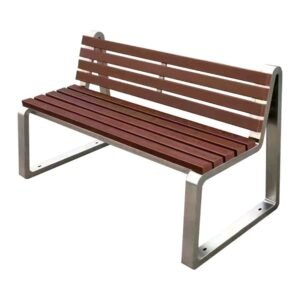 A modern WPC Stainless Steel Bench with brown composite slats and a silver metal frame.