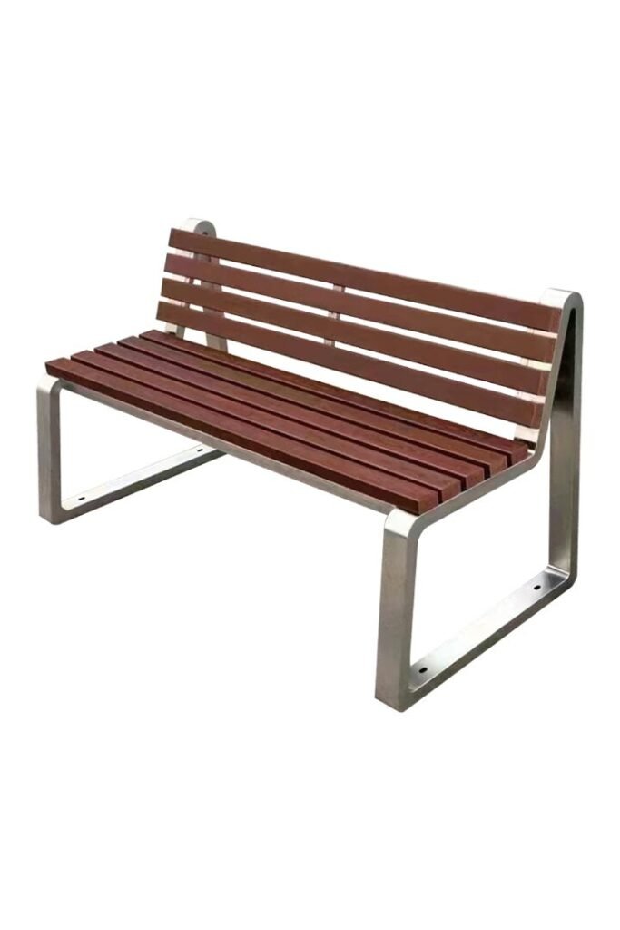 A modern WPC Stainless Steel Bench with brown composite slats and a silver metal frame.