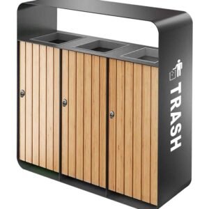 A WPC Triple Outdoor Recycling Bin with light wood slats and a black wrap-around steel frame.