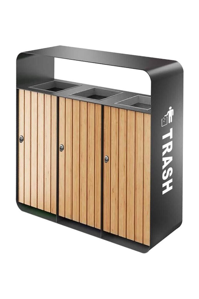 A WPC Triple Outdoor Recycling Bin with light wood slats and a black wrap-around steel frame.