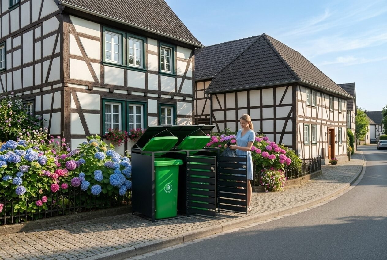 A woman using a modern anthracite grey outdoor trash can storage shed with a hydraulic lid to dispose of a garbage bag in a green bin.