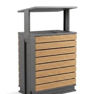 AGL-OLRG1 single-stream commercial recycling station with grey frame and wood-grain panels near a city center entryway.