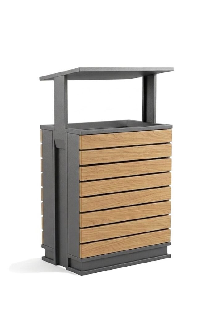 AGL-OLRG1 single-stream commercial recycling station with grey frame and wood-grain panels near a city center entryway.