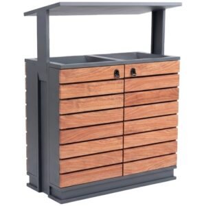 AGL-OLRG2 outdoor waste station with a grey canopy roof and wood-grain front panels.