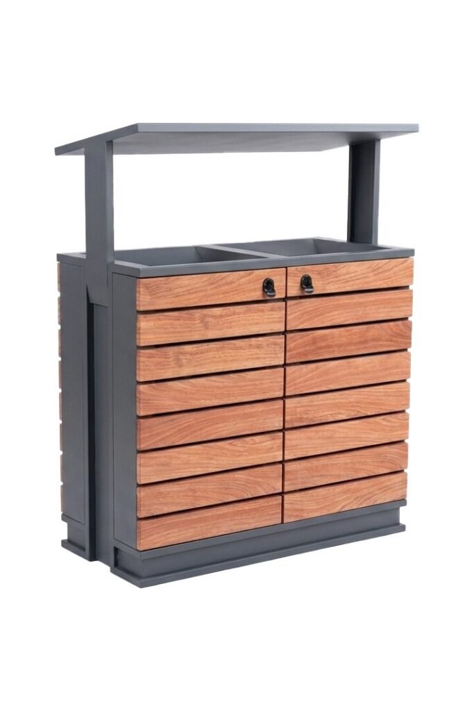 AGL-OLRG2 outdoor waste station with a grey canopy roof and wood-grain front panels.